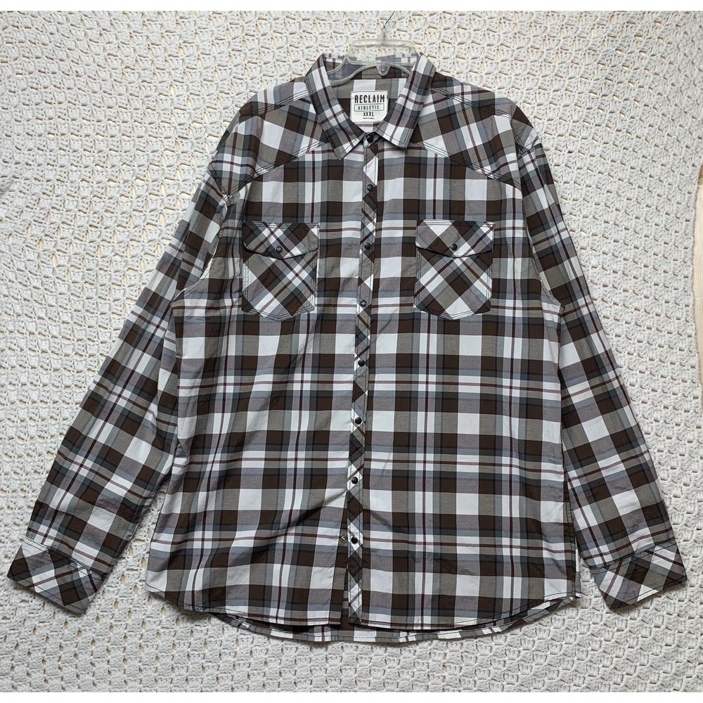 Reclaim Pearl Snap Western Shirt Mens‎ 3XL Brown Gray White Plaid Athletic